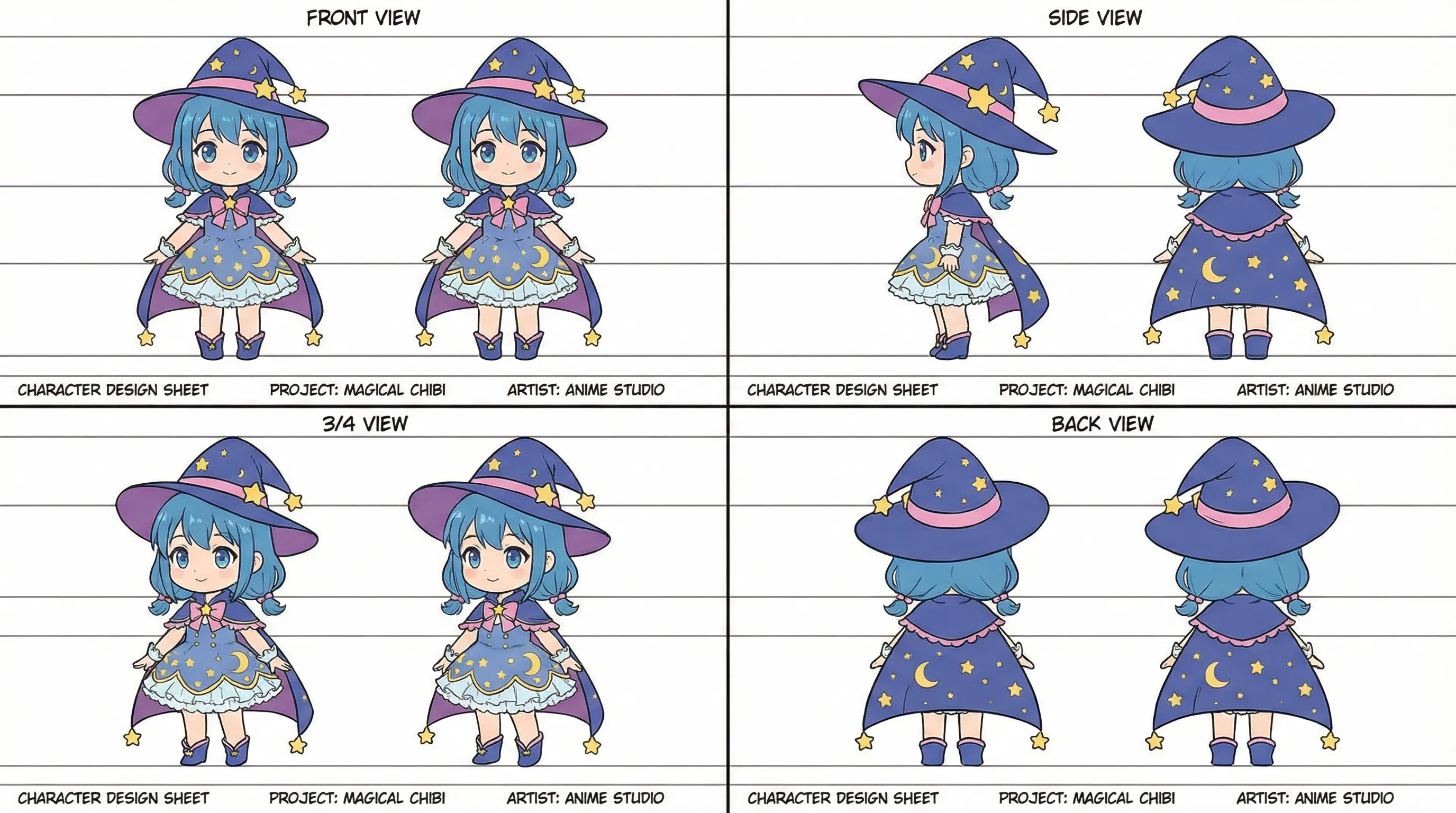Chibi anime character turnaround sheet showing front, side, 3/4, and back views with consistent design