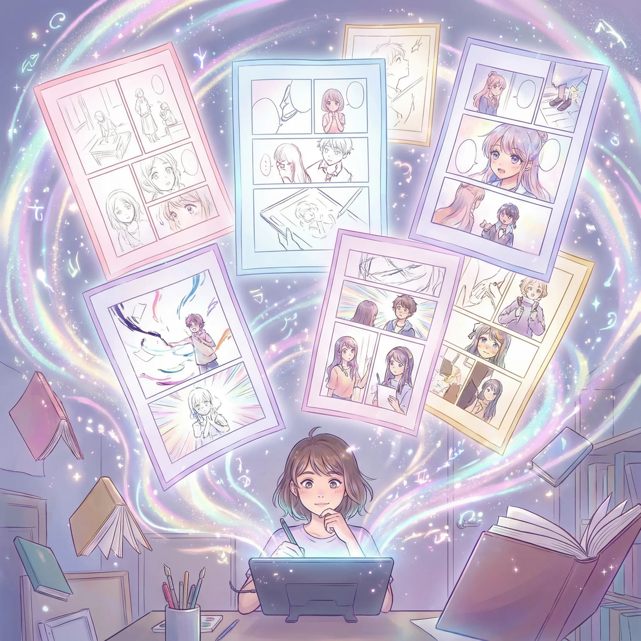 Manga panels being created with magical AI effects