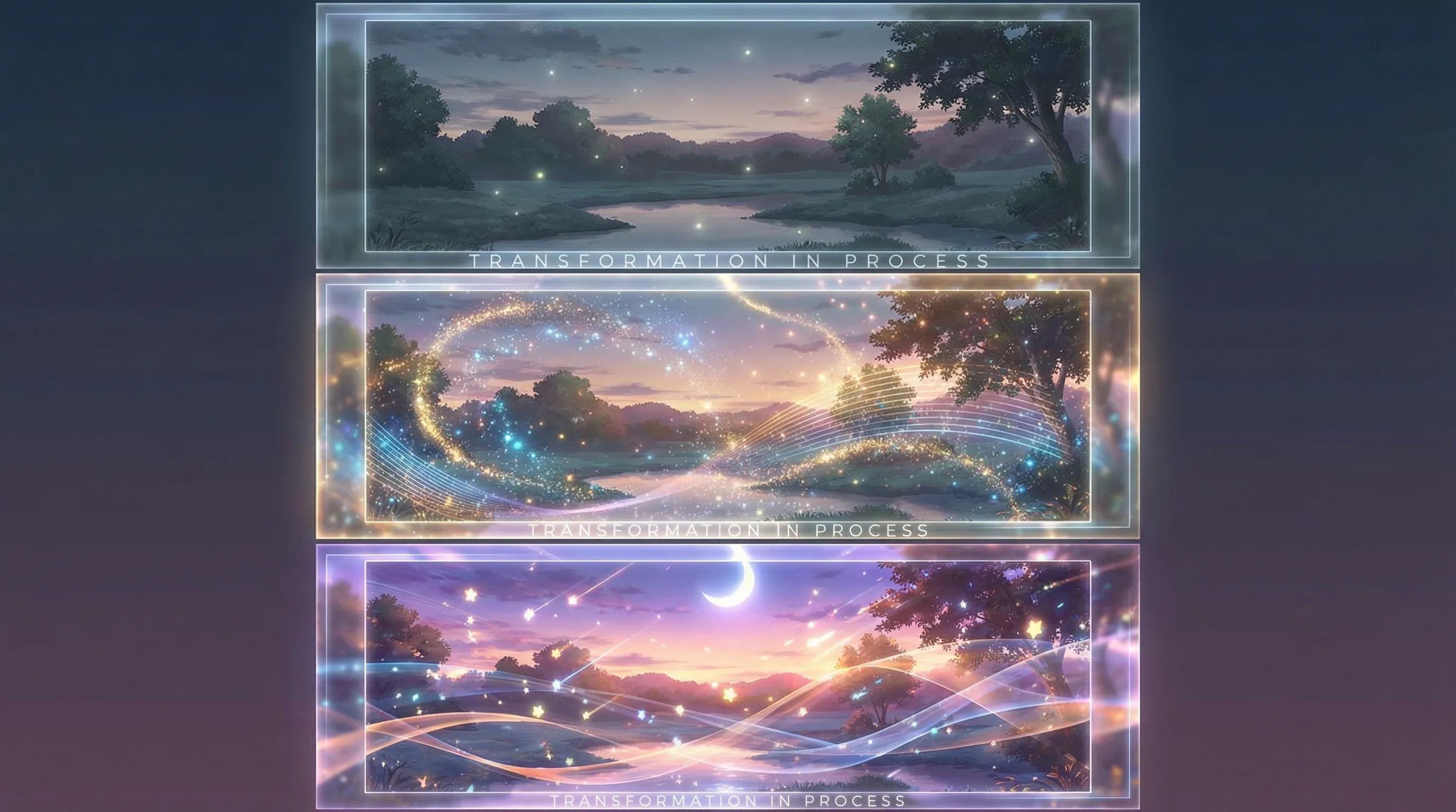 Beautiful anime scene showing transformation from static image to animated video with magical sparkles