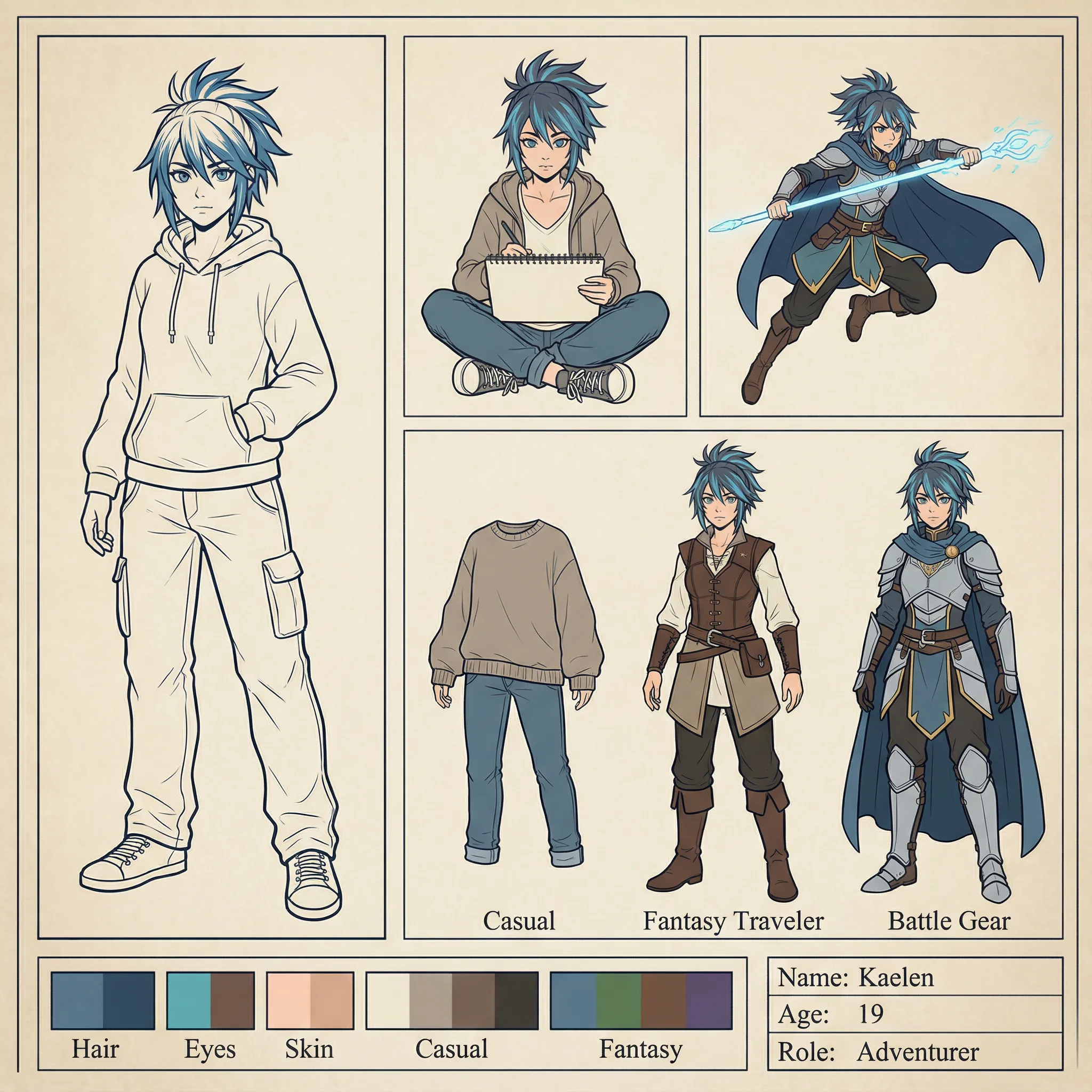 Comprehensive anime character reference sheet with multiple poses and outfit variations