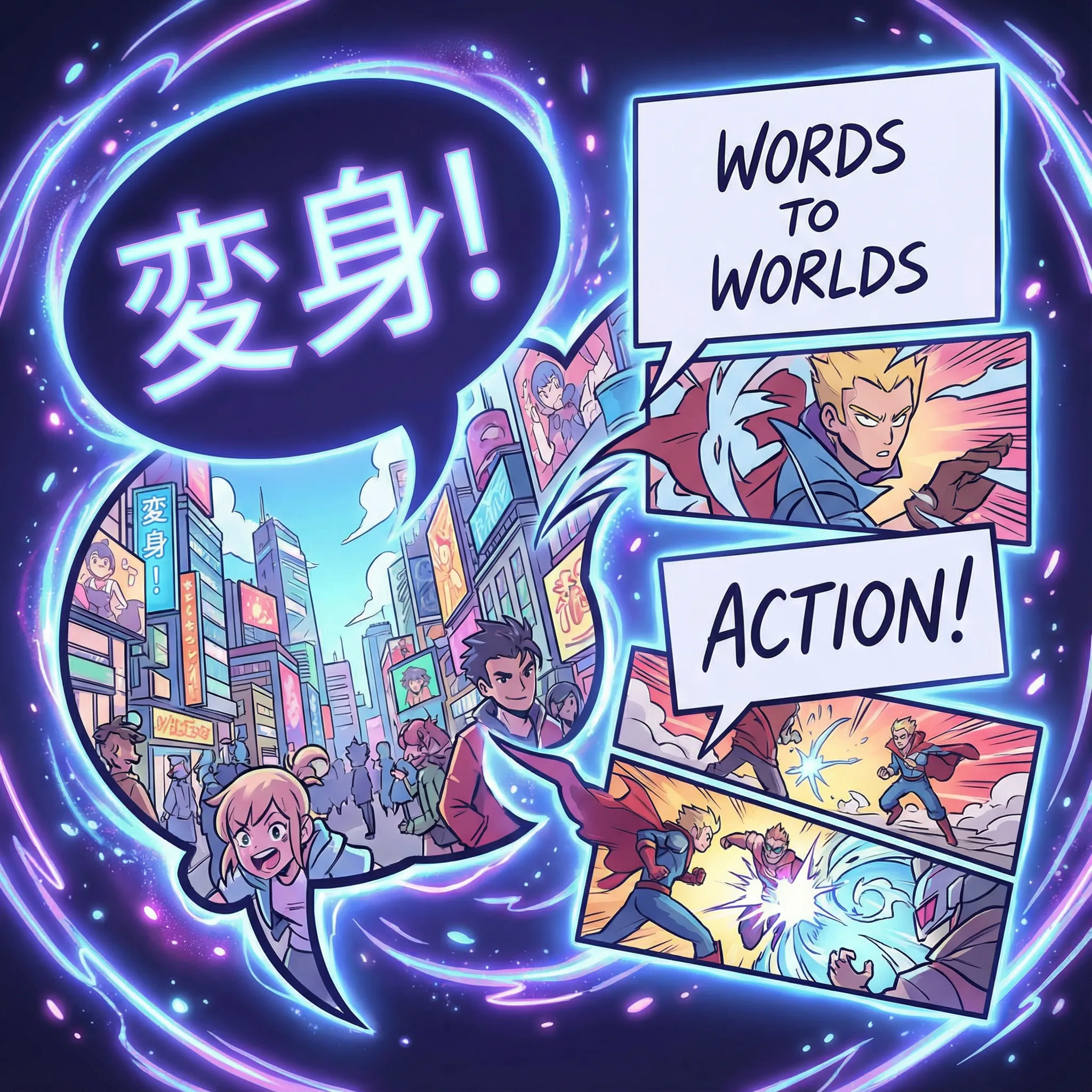 Text boxes transforming into illustrated manga scenes with dynamic effects