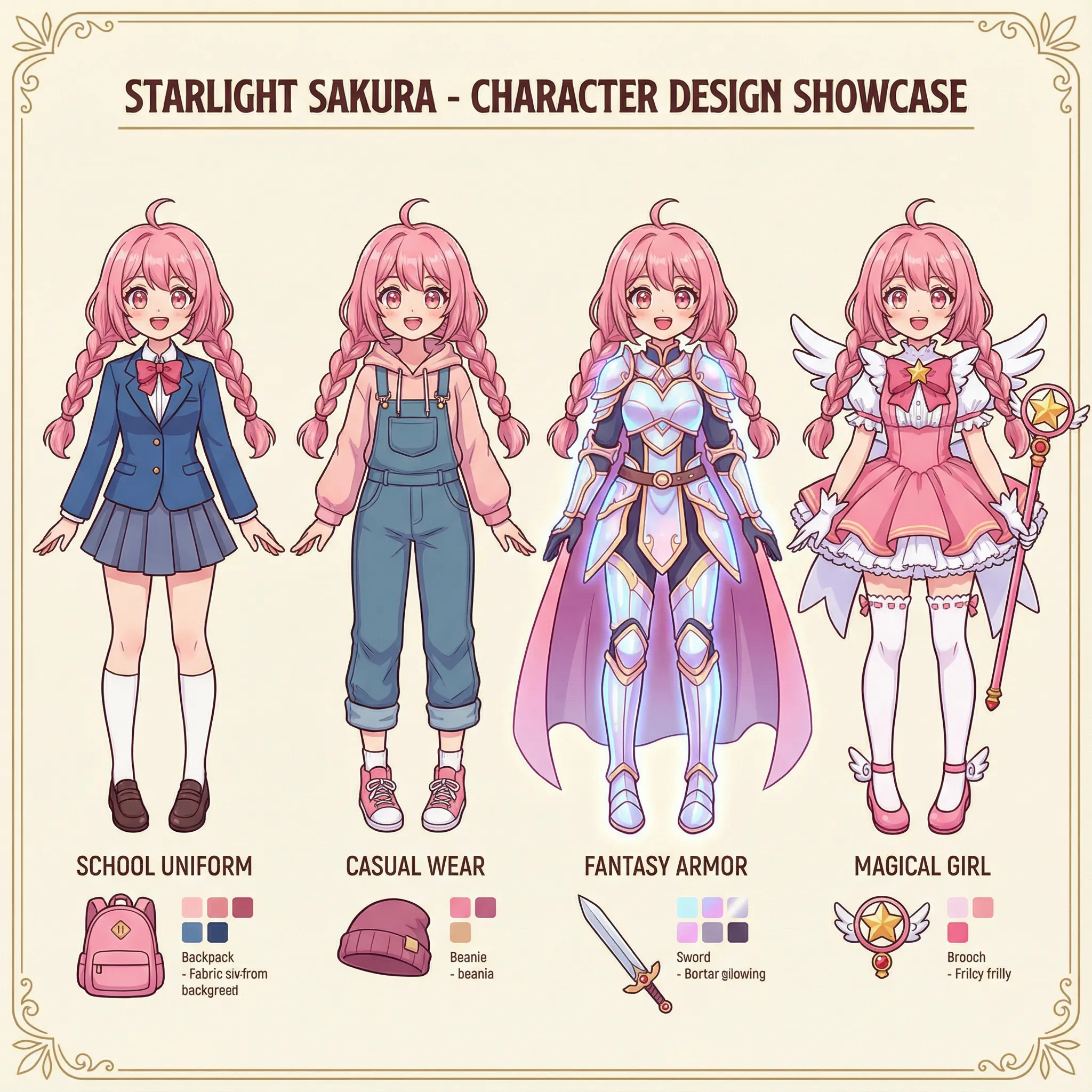 Anime magical girl character sheet showing different costume variations with consistent design
