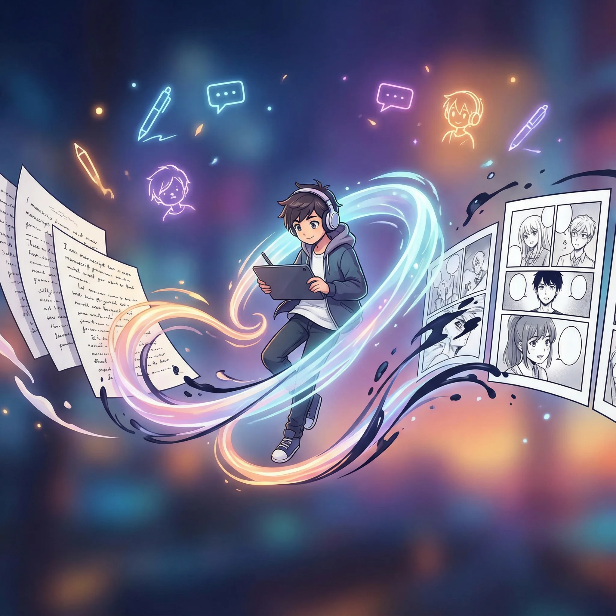 Visualization of storytelling process transforming manuscript into manga panels