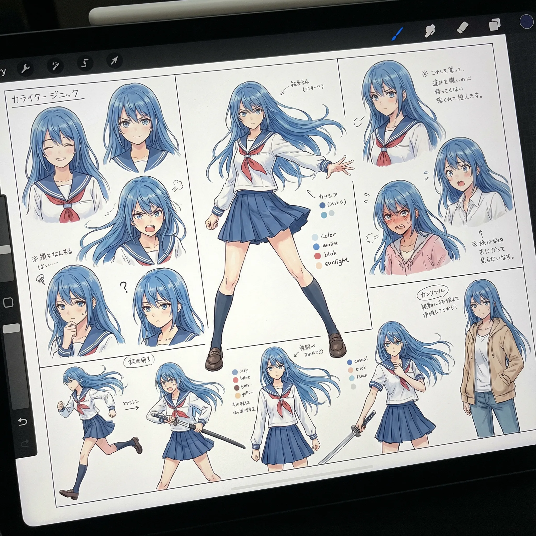 Anime character creation process showing different expressions and poses