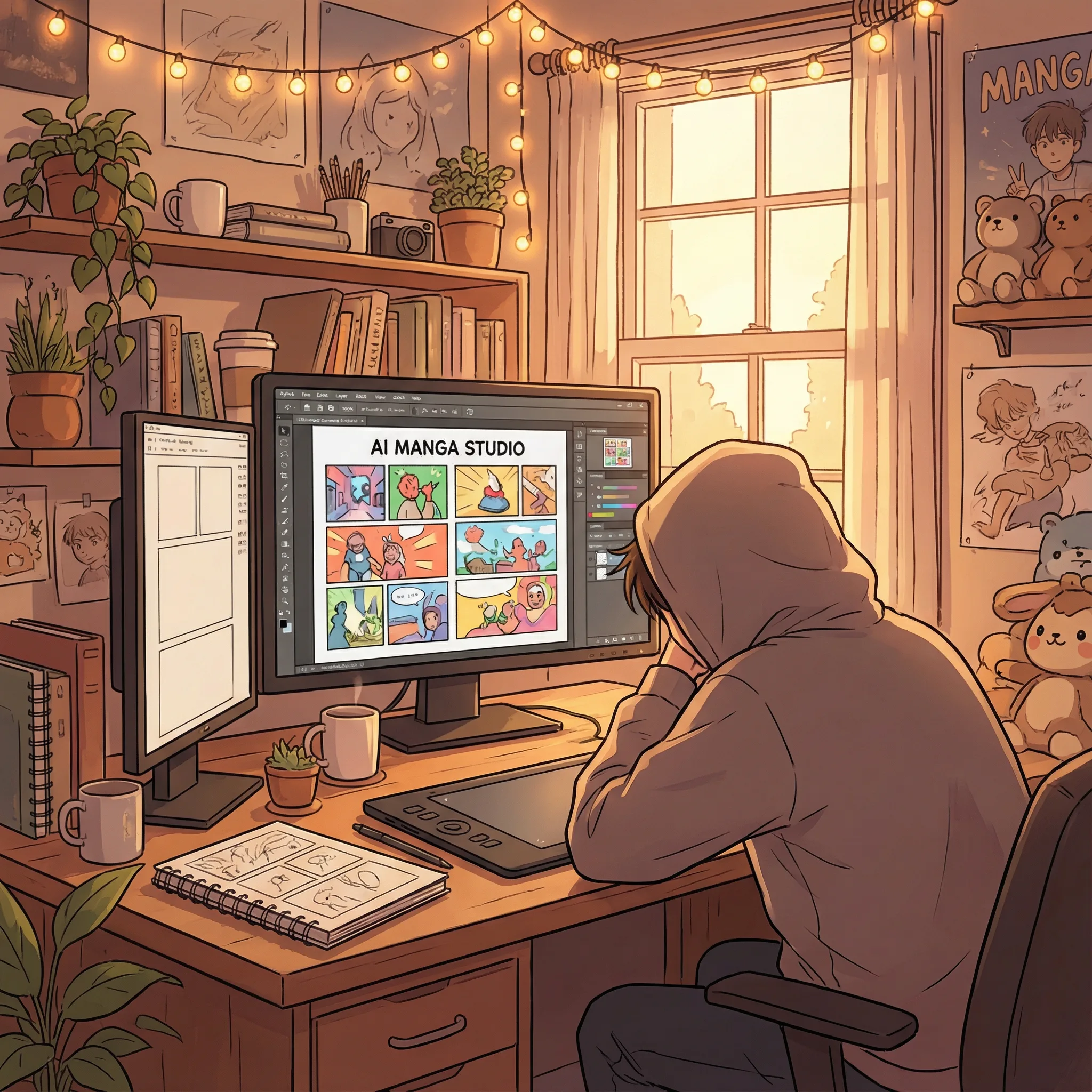 AI manga generation interface on computer screen