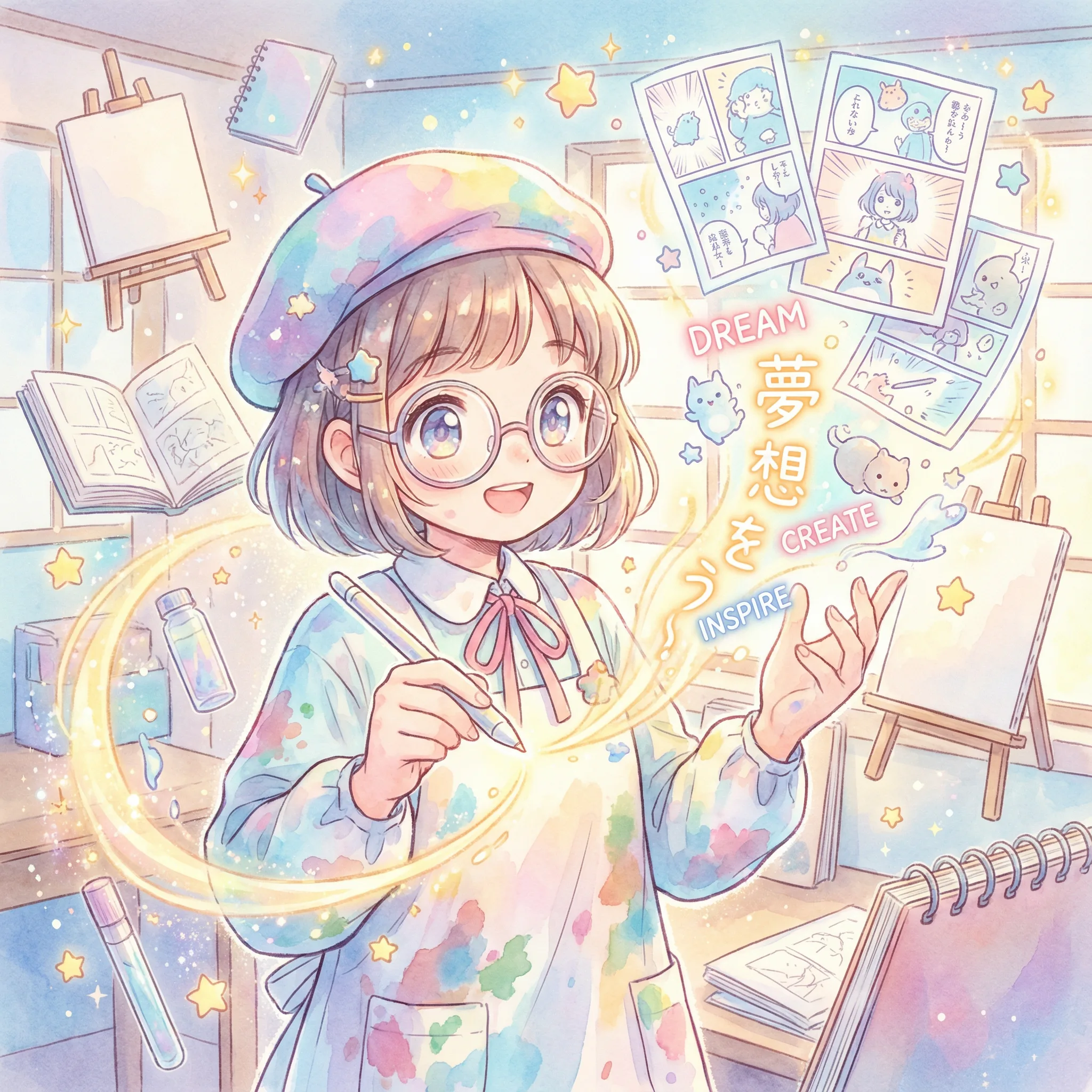 Anime artist with magical pen creating manga illustrations from text