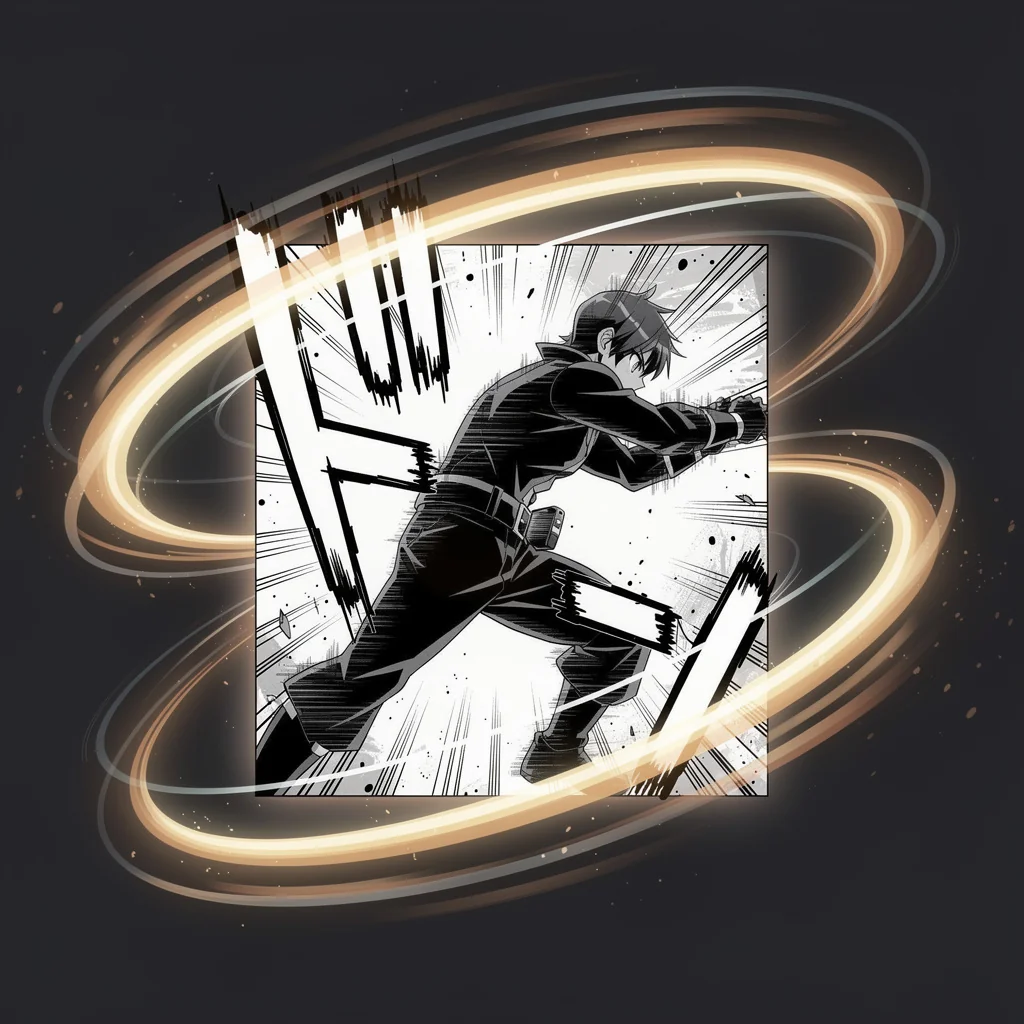 Manga panels with motion blur and light trails suggesting animated video previews