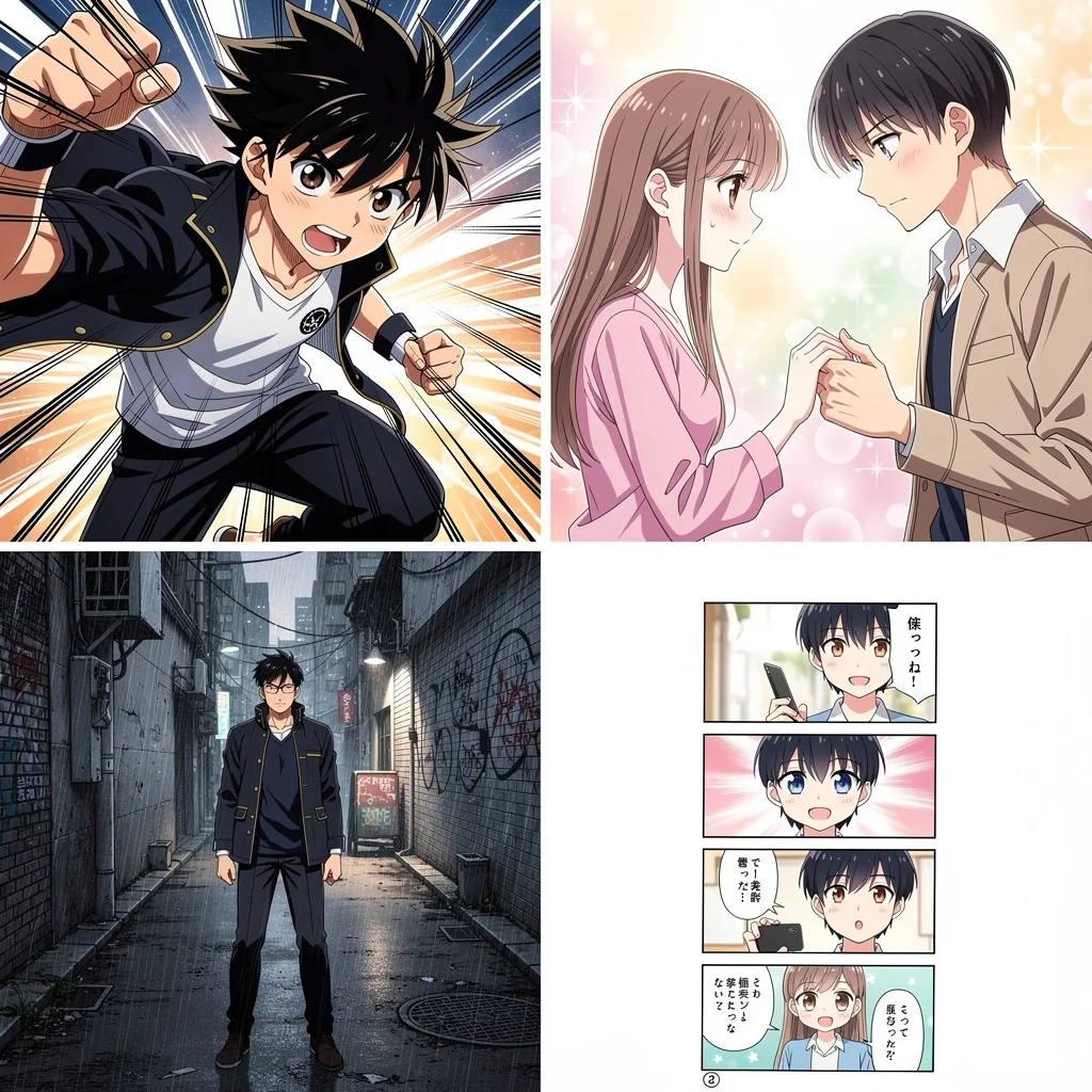 Illustration showing varied manga art styles and genres in one composition